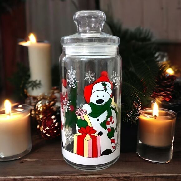 Snowman Apothecary Glass Jar Polar Bears Christmas 90s Candy Lid Seals Winter.  - Picture 1 of 15